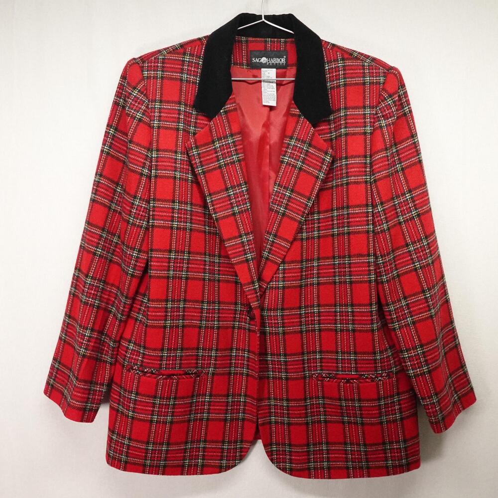 Vintage Red Tartan Plaid Blazer Womens 12 Petite Wool Blend Velvet Collar 90s